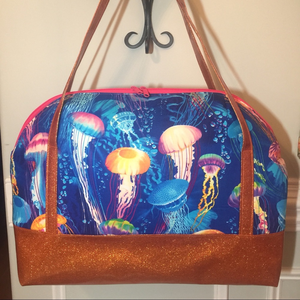 Jellyfish and orange vinyl glitter overnight bag